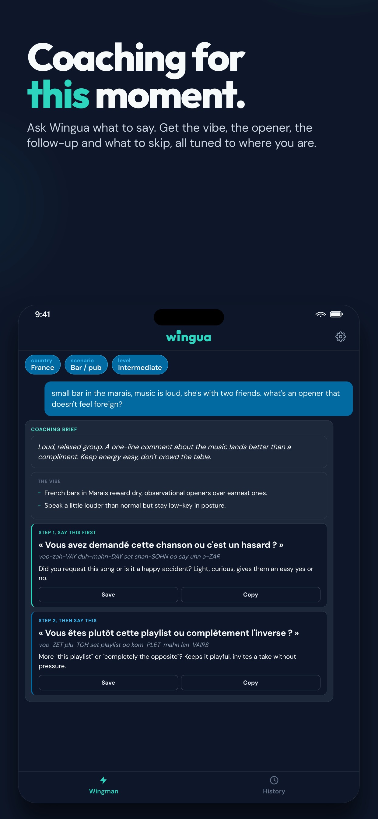 wingua coaching brief: the vibe, step 1 opener and step 2 follow up, in French with transliteration