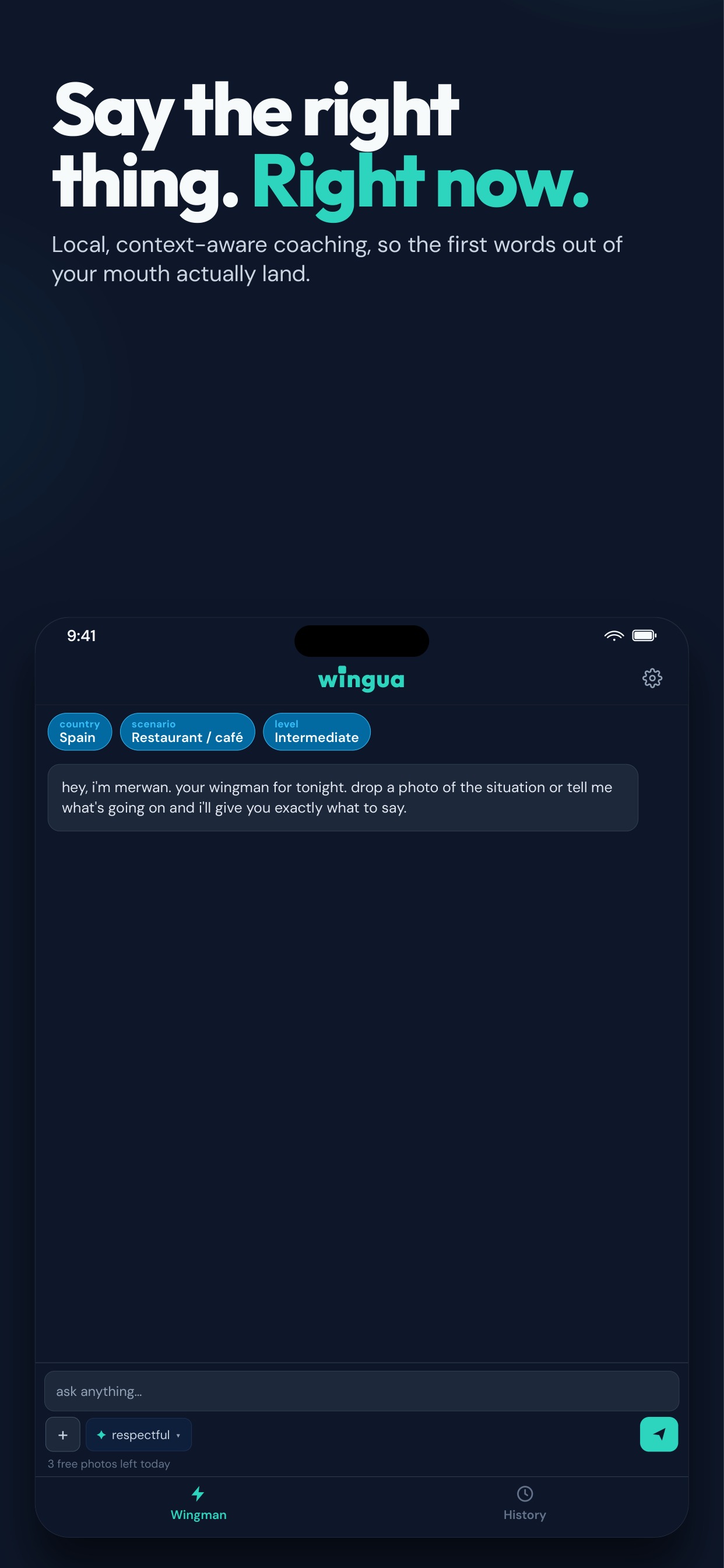 wingua home screen, chat opens with a prompt to drop a photo or describe the situation